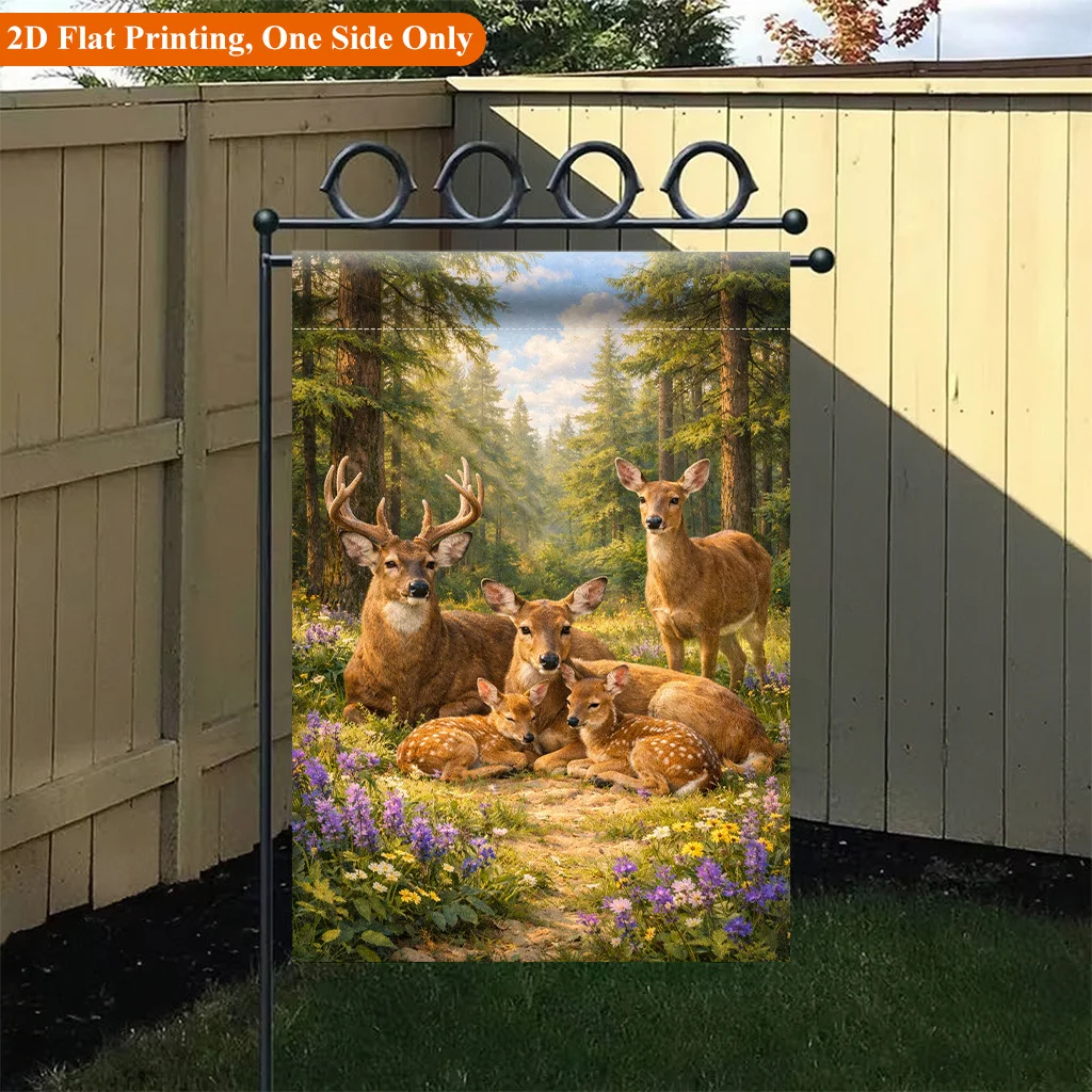 2D Garden Flag 1 Piece, A Group of Lovely Deer in The Forest Garden Flag - Single-sided Printed Outdoor Garden Home Decoration, Holiday Decoration, Durable Polyester Material, 11.8x17.7 Inches, Excluding Flagpoles