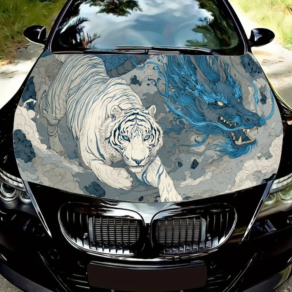 

Majestic white tiger with mysterious blue dragon car hood stickers, waterproof self-adhesive, scratch resistant, easy to stick,