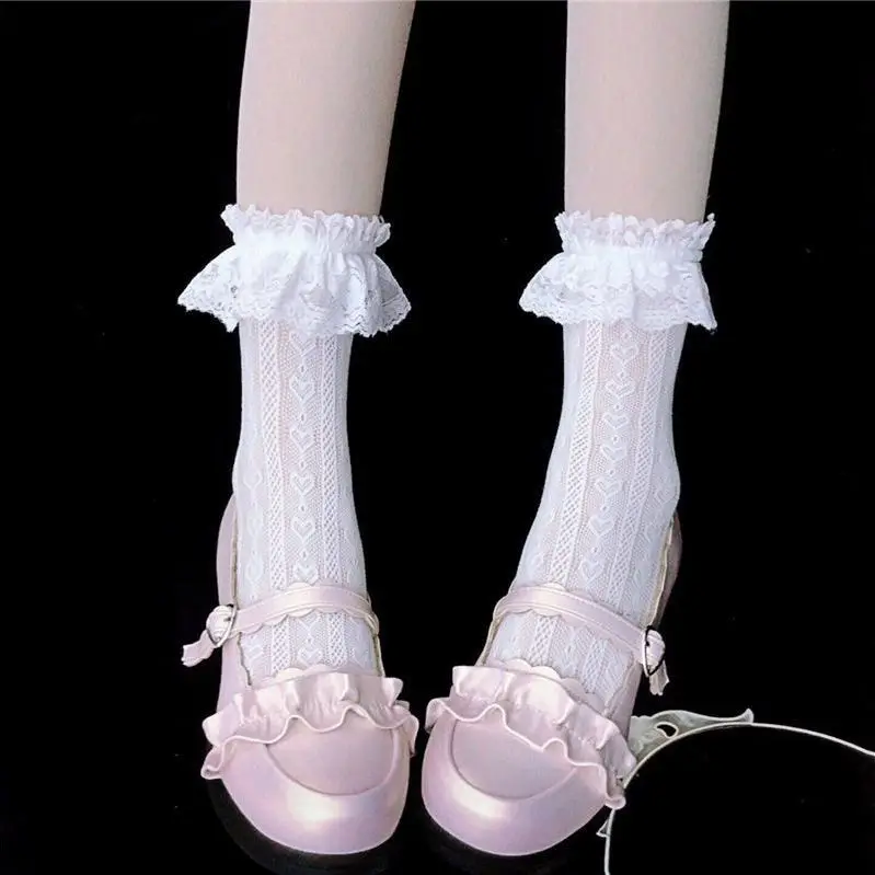 Women's Socks Cotton Summer Spring Thin White Lolita Lace Stocking Black Jk Bow Sweet Mid-leg Calf Socks Sweet Style Girls Gift