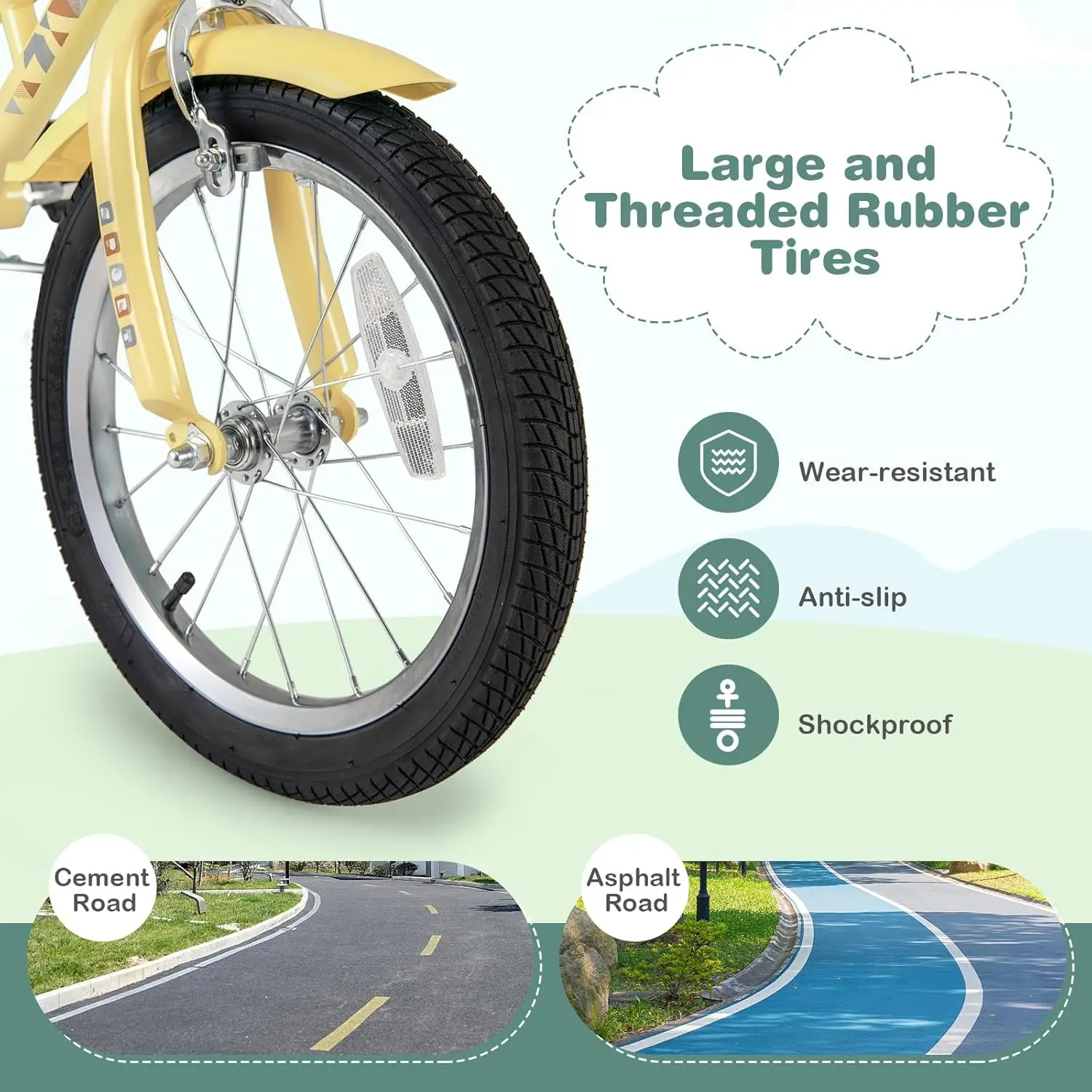 Retro kinderfiets, 12 14 16 18 inch kinderfiets voor 3-8 jaar oud met rotanmand, in hoogte verstelbaar, zijwieltjes, spatborden, Han