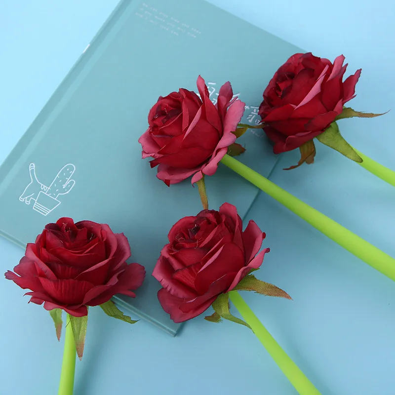 

4Pcs/Lot Cute Rose Flower Soft Gel Neutral Pen Black Blue Ink Romantic Simulation Red Rose Wedding Signature Pen Stationery