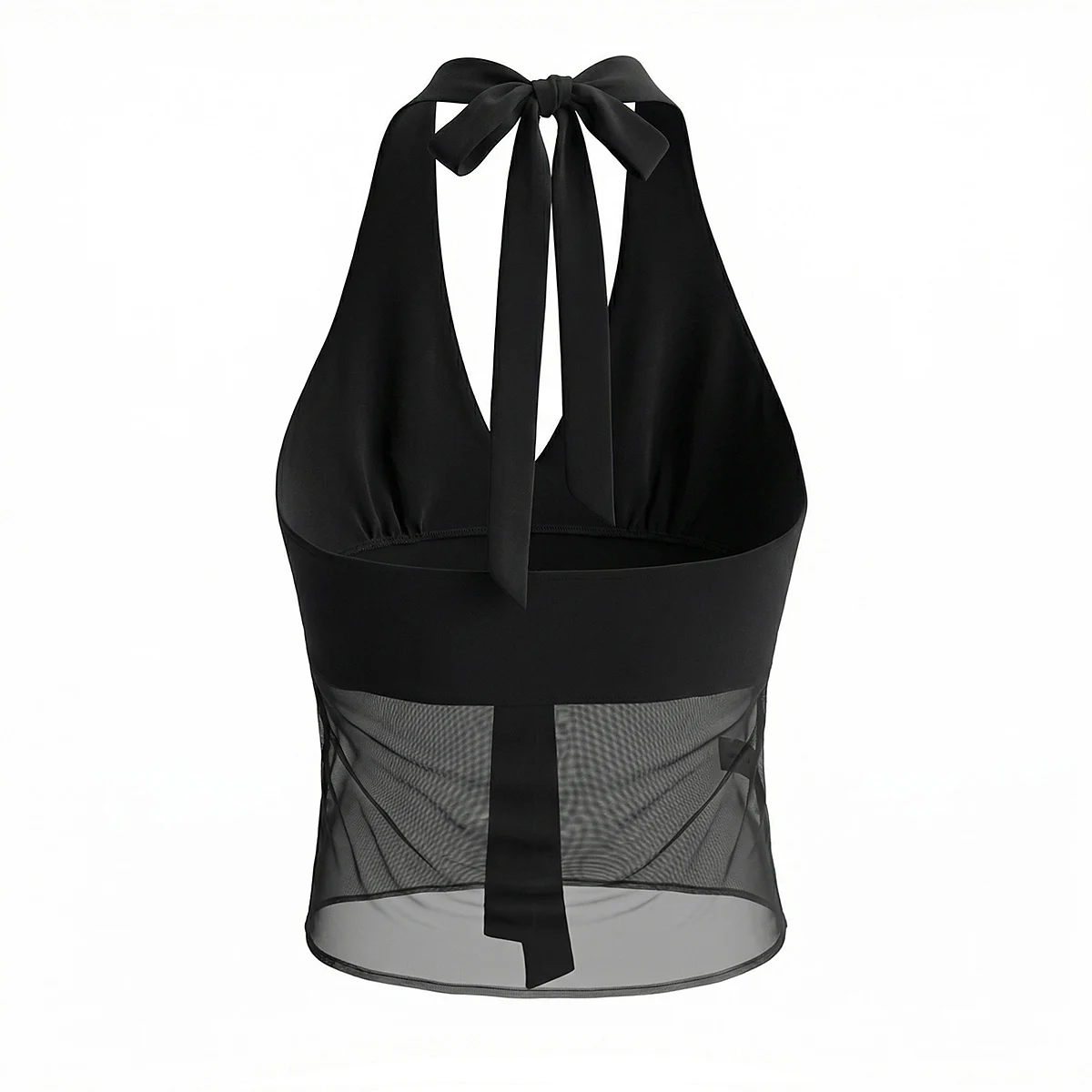 Sexy Black Bow Halter Tank Top Women Spliced Sheer Mesh Hem Slim Waist Backless Crop Camis Summer Vest