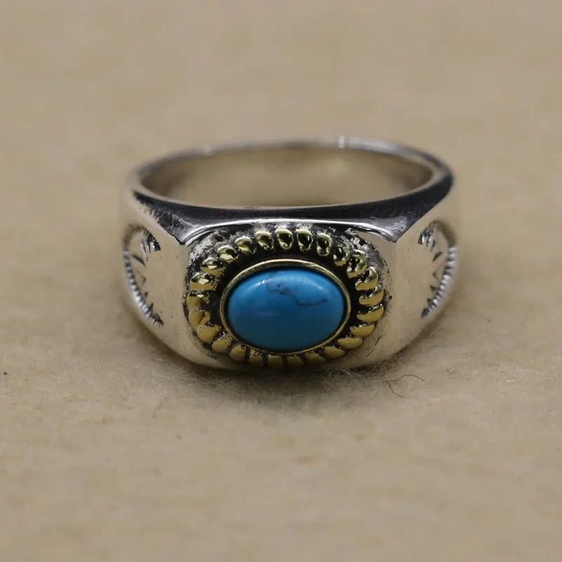 

Thai Silver Inlaid Gemstone Big Ring Mature Business Men's 925 Sterling Silver Ring Turquoise Retro Fashion Jewelry