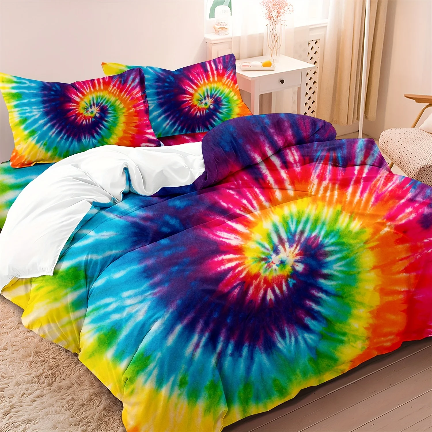 

2/3pcs Boho Bedding Yellow Blue Spiral Tie Dye Bedding Bohemian Gypsy Hippie Duvet Cover Set for Bedroom, Guest Room