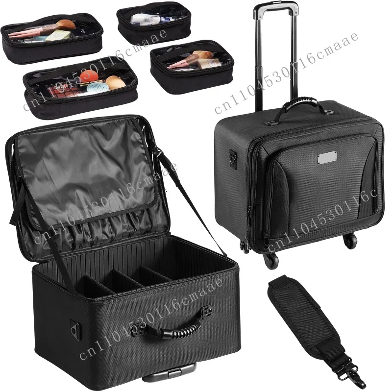 

Rolling Makeup Train Case Storage Convenient Carry with Handle Wheels Strap Makeup Organizer Box Waterproof Oxford