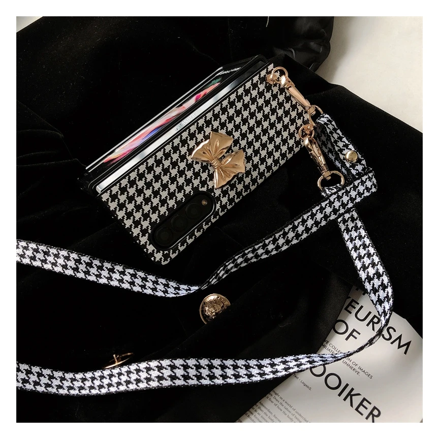 Luxury 3D Bow Houndstooth Phone Case For Samsung Galaxy Z Fold 6 5 4 3 2 5G Back Cover With Crossbody Rope for Woman Girl