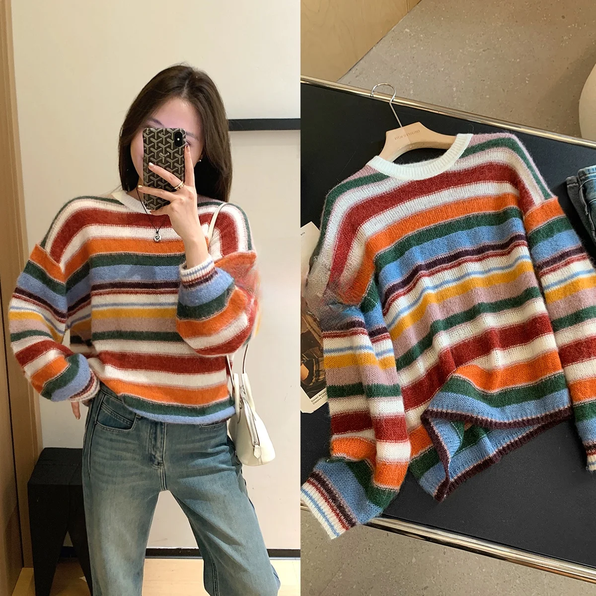 

Loose Fit Rainbow Color Blo Striped Knitted Sweater Women's Casual Sle Wool Blend Long Sve Top by eep