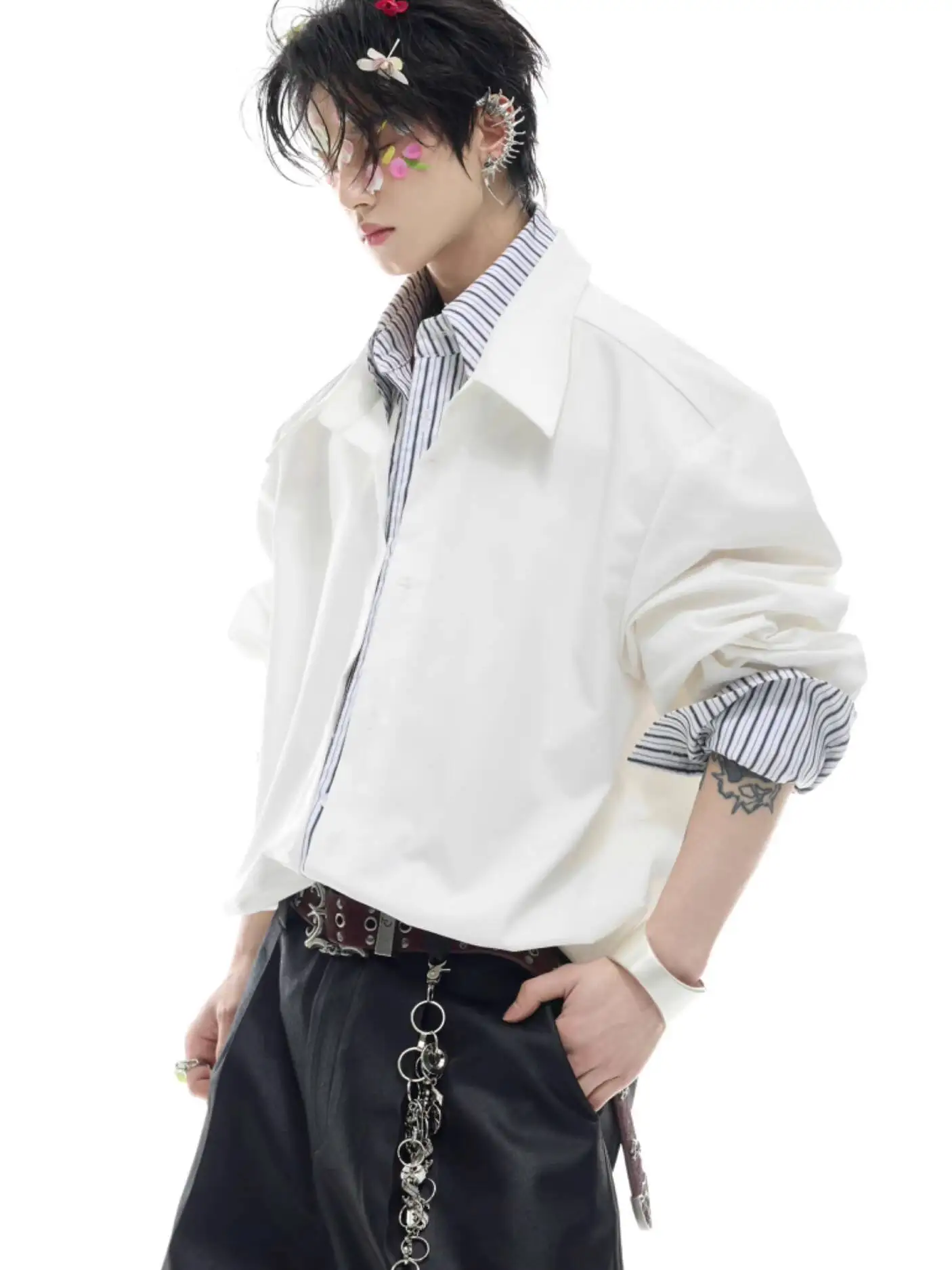 

Romance Niche Striped Color-Block Korean Shirt Fake Two-Piece Patchwork Design Top Fresh Artistic Hiphop Mens Streetwear