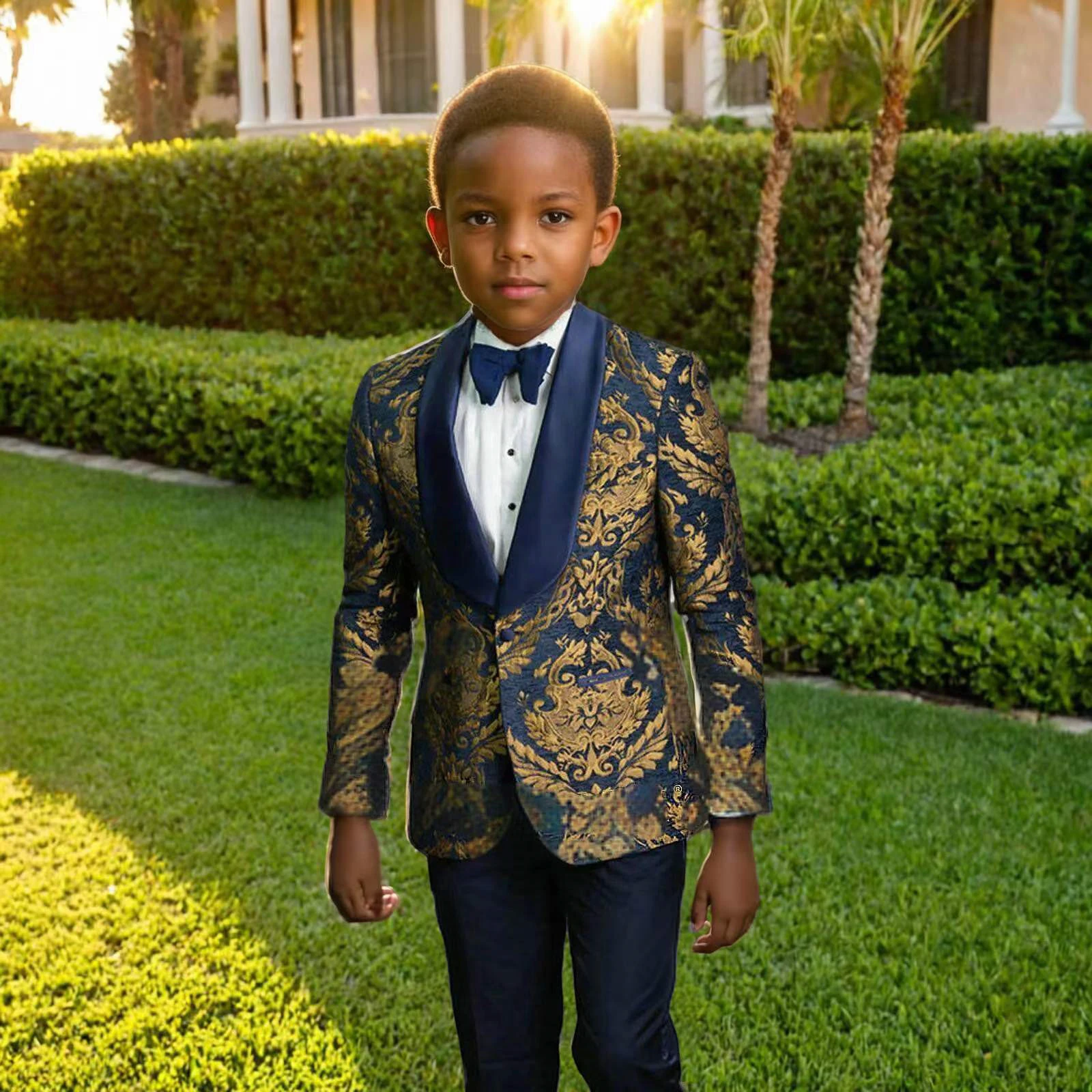 Boy\'s Suit Set 3 Pieces Luxury Gold Paisley Kids Formal Tuxedo Wedding Ring Bearer Prom Outfit Stylish Child Suits Jacket Pants