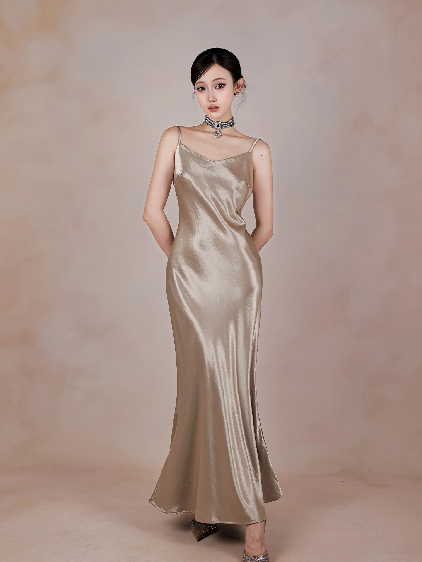 Ele Slaed Satin V-ne Belted Dr BYLU Luxury Sle Gown Simple Commute High Waist Long Ball Gown ForSpring Summer Au...
