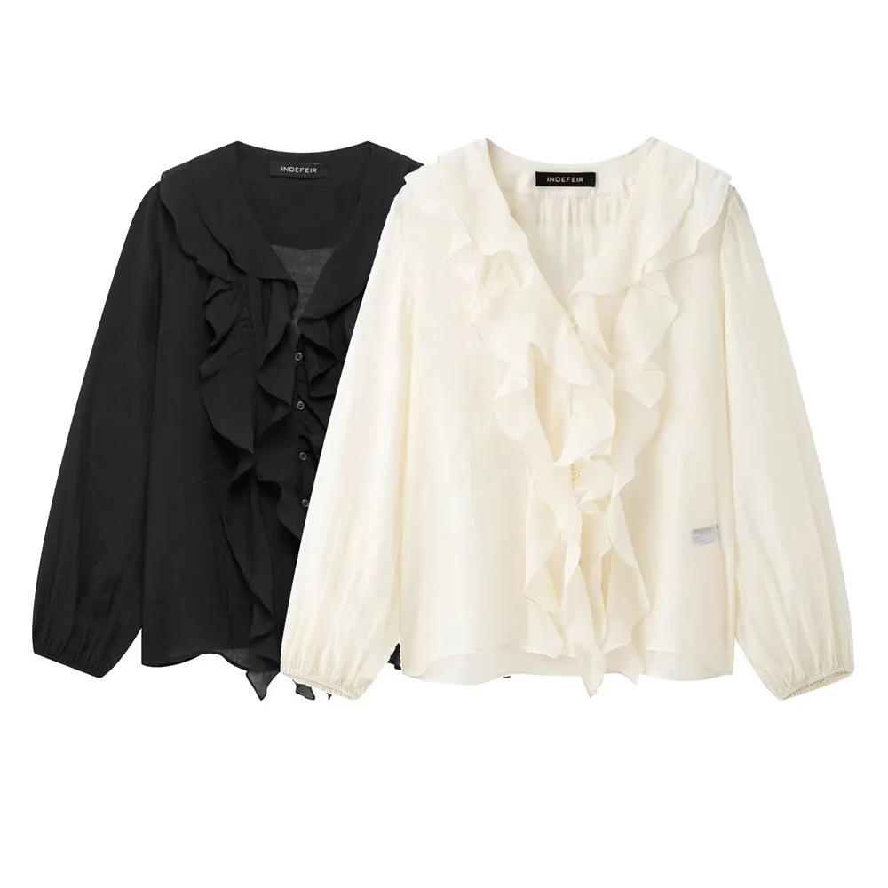 

2025 Women's Blouses in Black and Cream Colors V Neck with Ruffled Details Long Puff Sleeves Elegant and Feminine