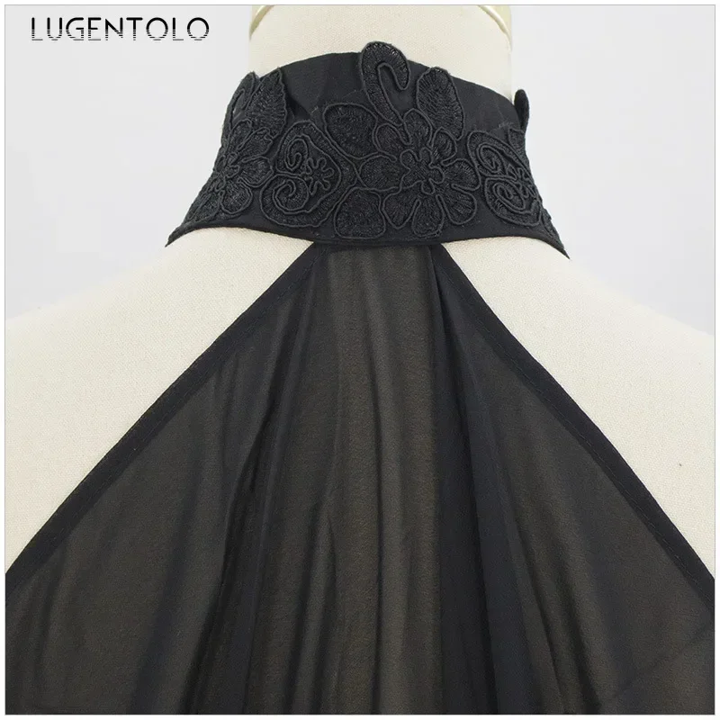 Ponchos con cuello Halter de Halloween para mujer, capa fina de gasa, disfraces de escenario, abrigos largos de moda Retro Medieval liso elegante para fiesta para mujer