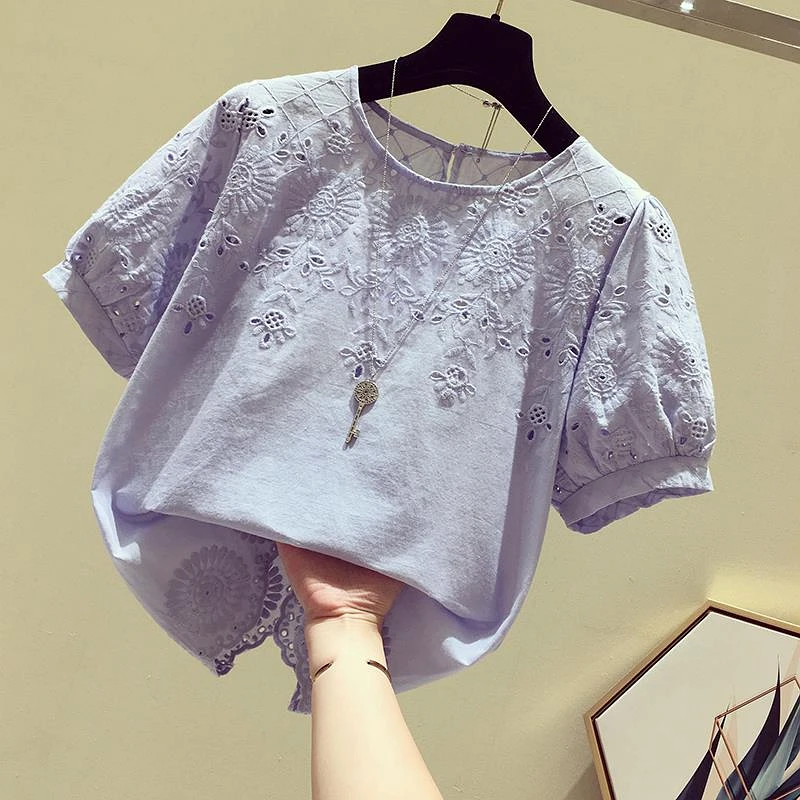 

Solid Hollow Out Cotton Women T-Shirts Summer New 2024 O-Neck Embroidery Female Pulls Outwear Tops Tees