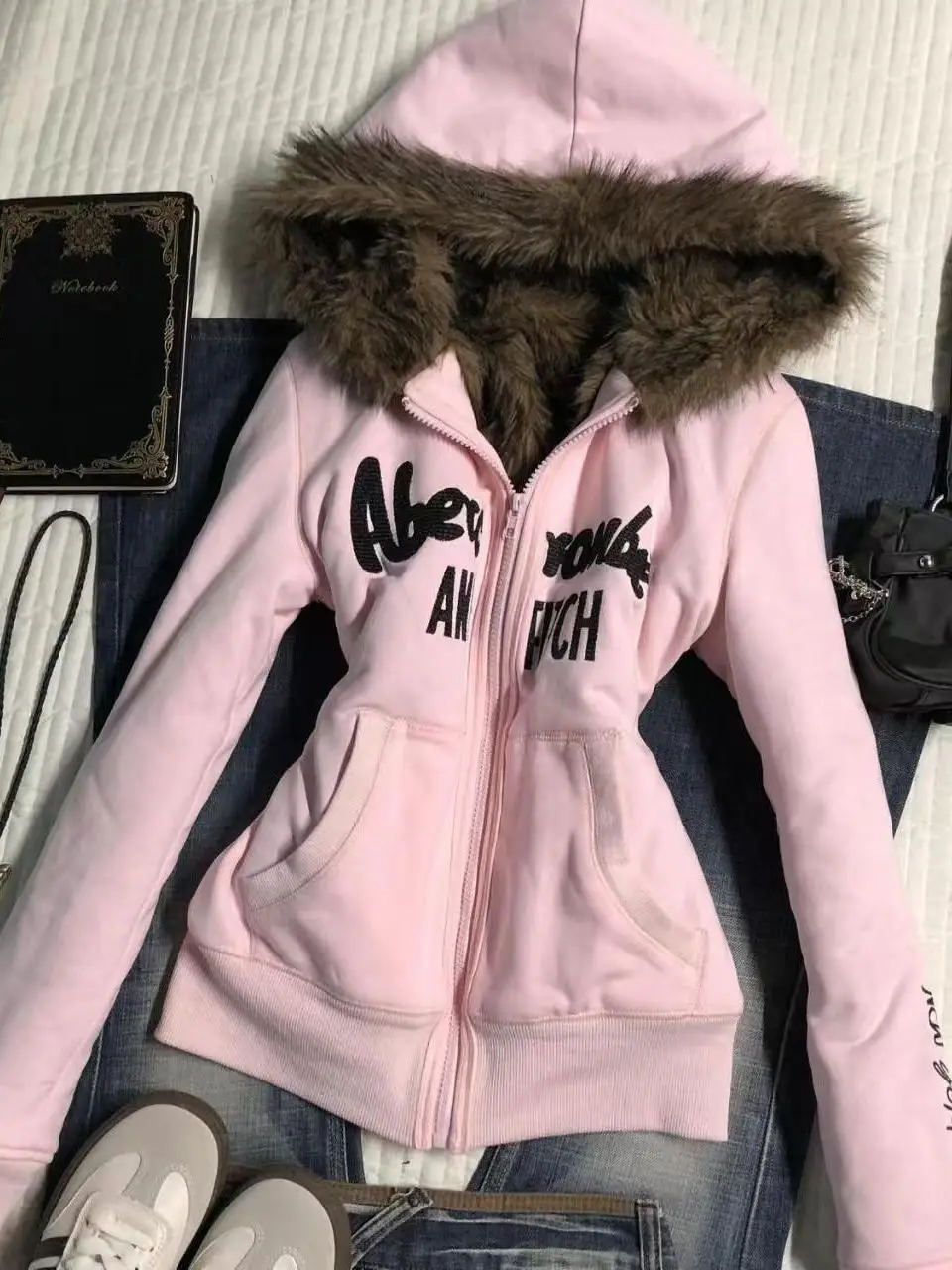 

Blue Dijiao American Sle Spicy Girl Y2K Retro Slim Fit Waistcoat Hooded Zipper Jaet Women's Embroidered Letter Autumn Winter