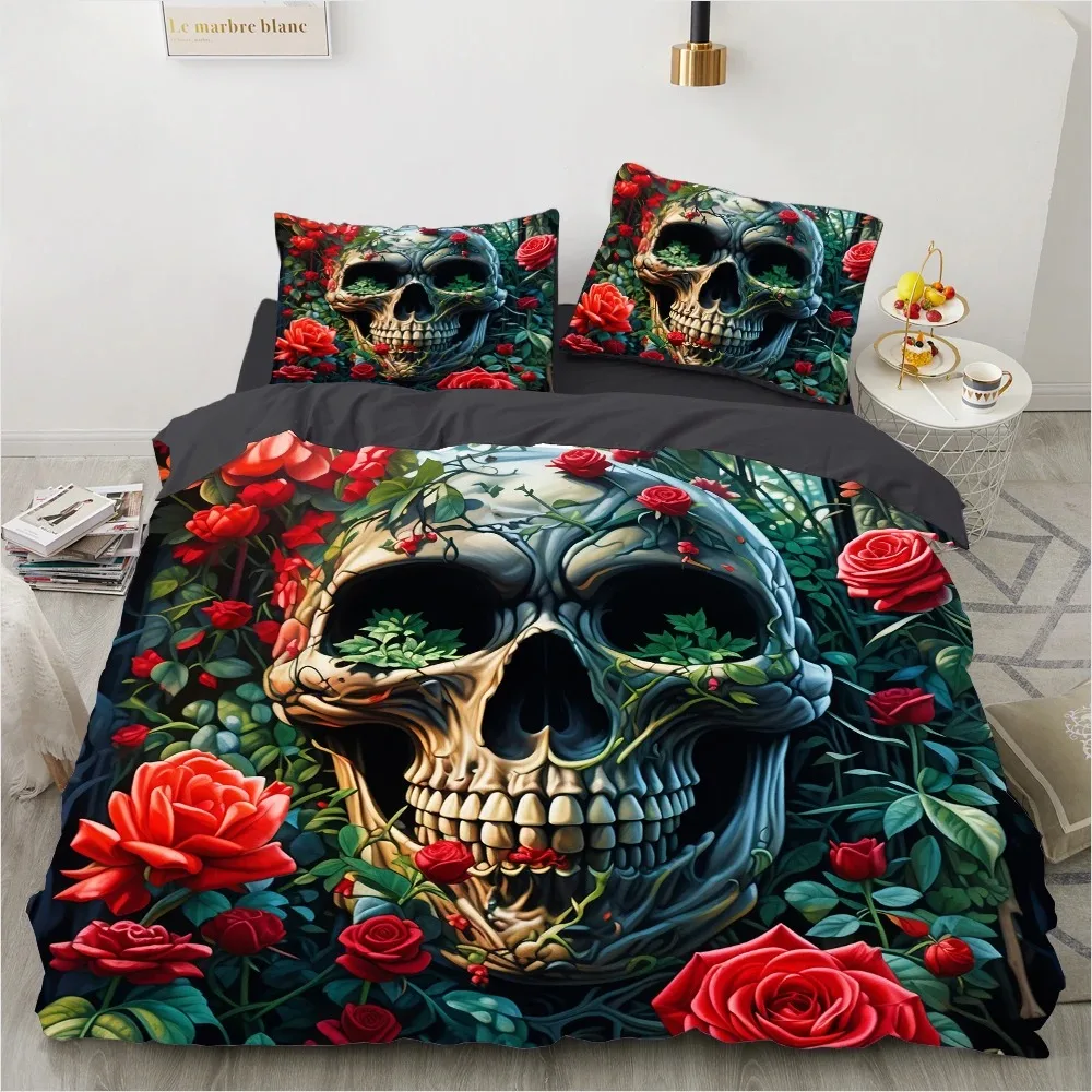 Skull Rose Bedding Set Cartoon Comforter Sets Double Queen King Twin Full Size Duvet Cover Set Kids Girls White Bed Linen