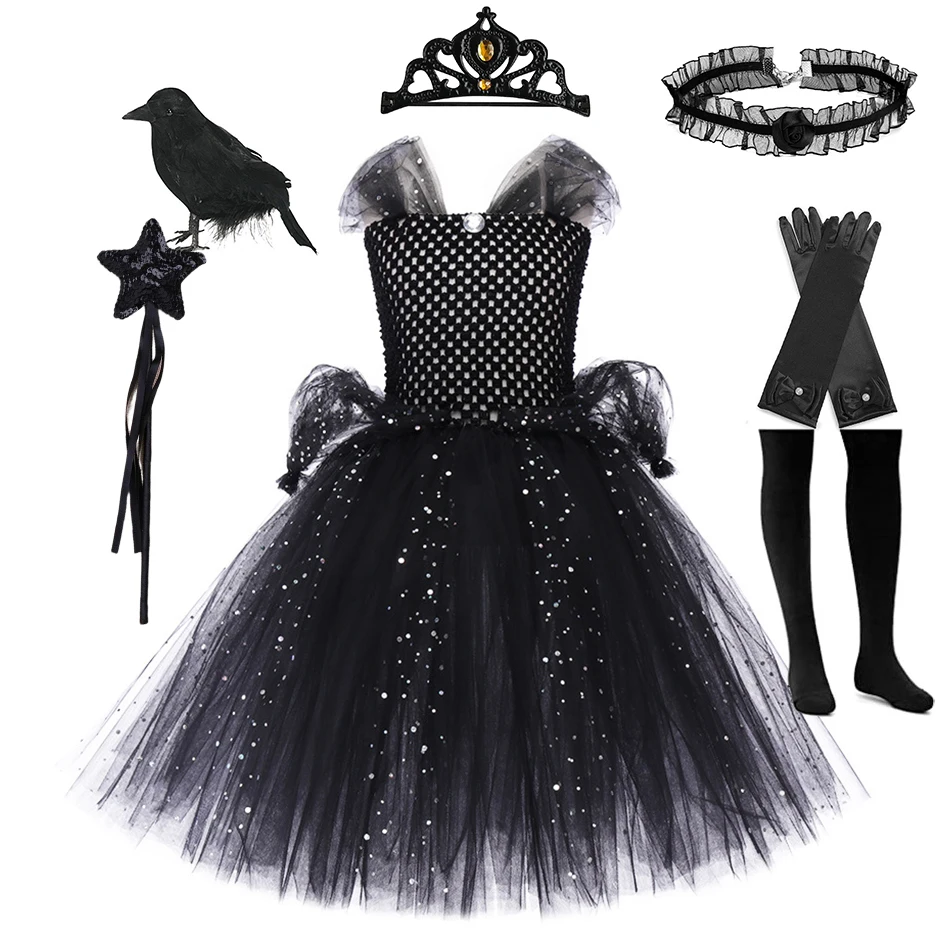 

Toddler Elegant Black Dress Girls Princess Knitted Dress Witch Cosplay Gown Party 2023 Halloween Costume with Crown Maleficent