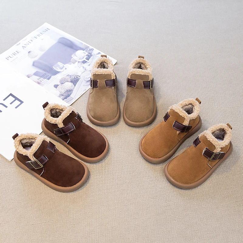 Toddler Kids Winter Ankle Booties Fleece Lined Warm Double Buckle Strap Non‑Slip Thick Sole For Cold Weather Daily Outdoor Wear