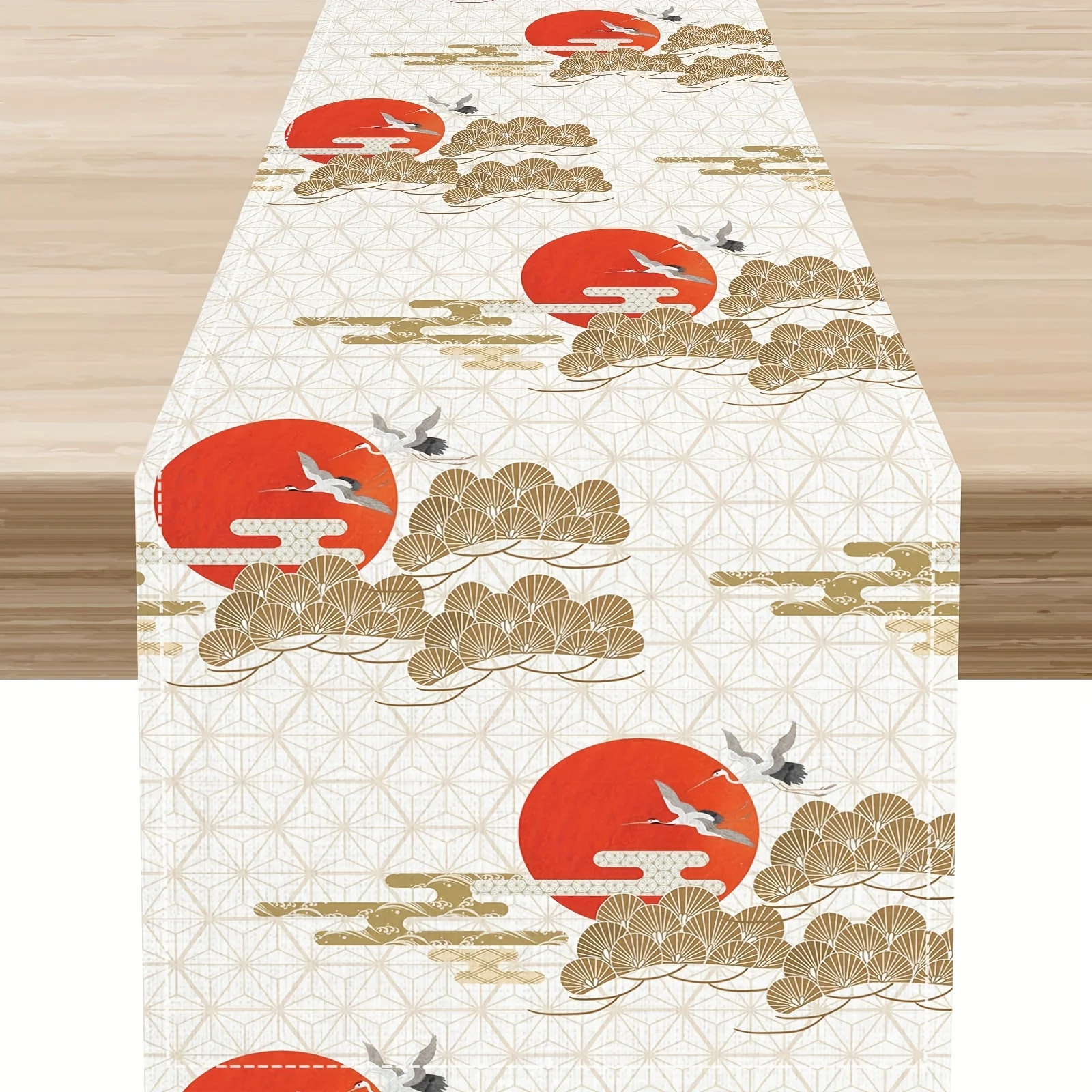 1 Piece of Oriental Crane and Cherry Blossom Pattern Table Runner with White Waves, Red Sun, Branches, and Clouds, Suitable for Farmhouse, Indoor, Kitchen, Celebrations, Table Decoration, Restaurant, and Banquet Decoration Supplies