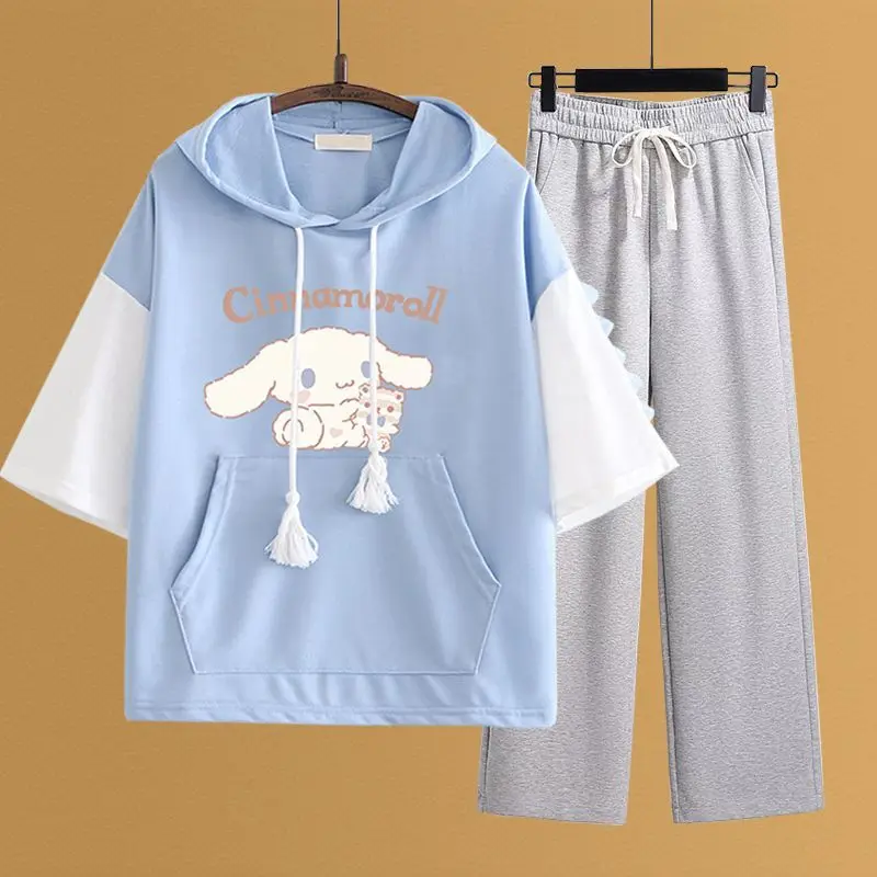 Camiseta de manga curta feminina Cinnamoroll, doce roupa solta, calça casual de pernas largas, estilo universitário, moda infantil, roupa de estudante, nova