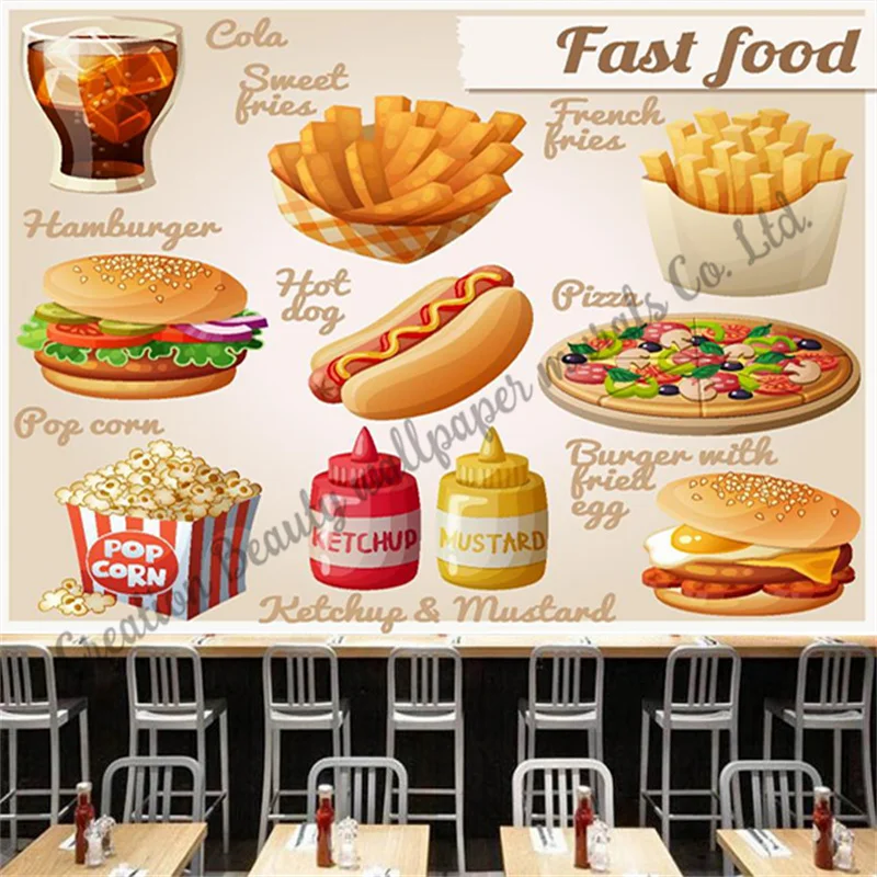 

Hand Painted Fast Food Wallpaper Burger Hot Dog Pizza Mural Industrial Decor Restaurant Snack Bar Background Papel De Parede