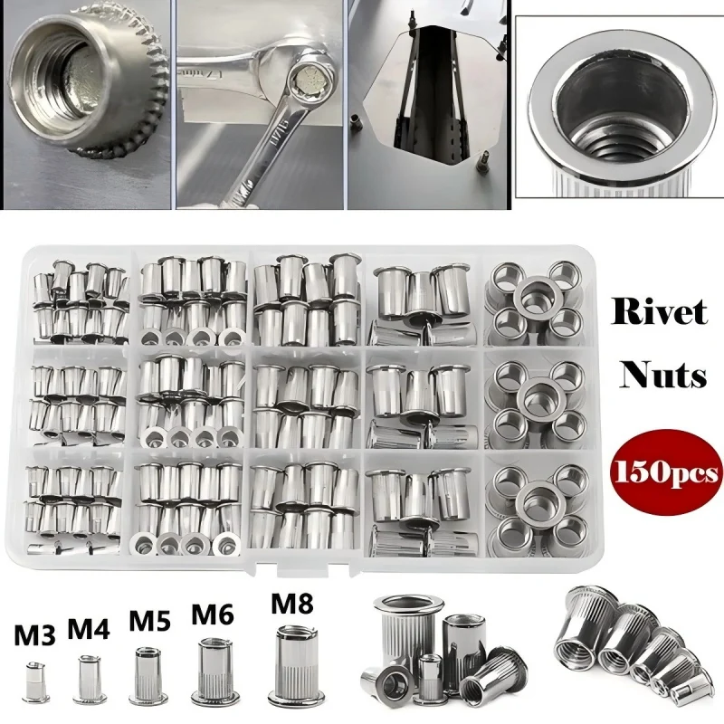 150PCS Stainless Steel Rivet Nuts Kit with Rivet Nut Gun And 5PCS Flathead Screw Crimp Plier - M3/M4/M5/M6/M8 Repair Tools
