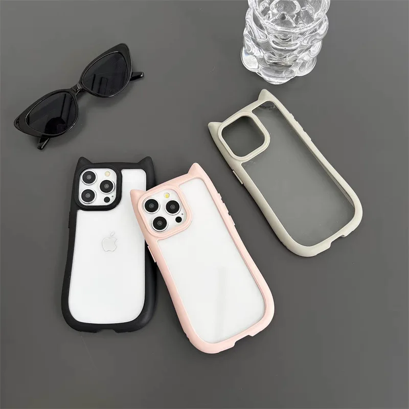 Simple Transparent Cat Ear Model PC Protective Shell Suitable for 15 Mobile Phone Case Shell Ip 14pro Personality Creative 13pro