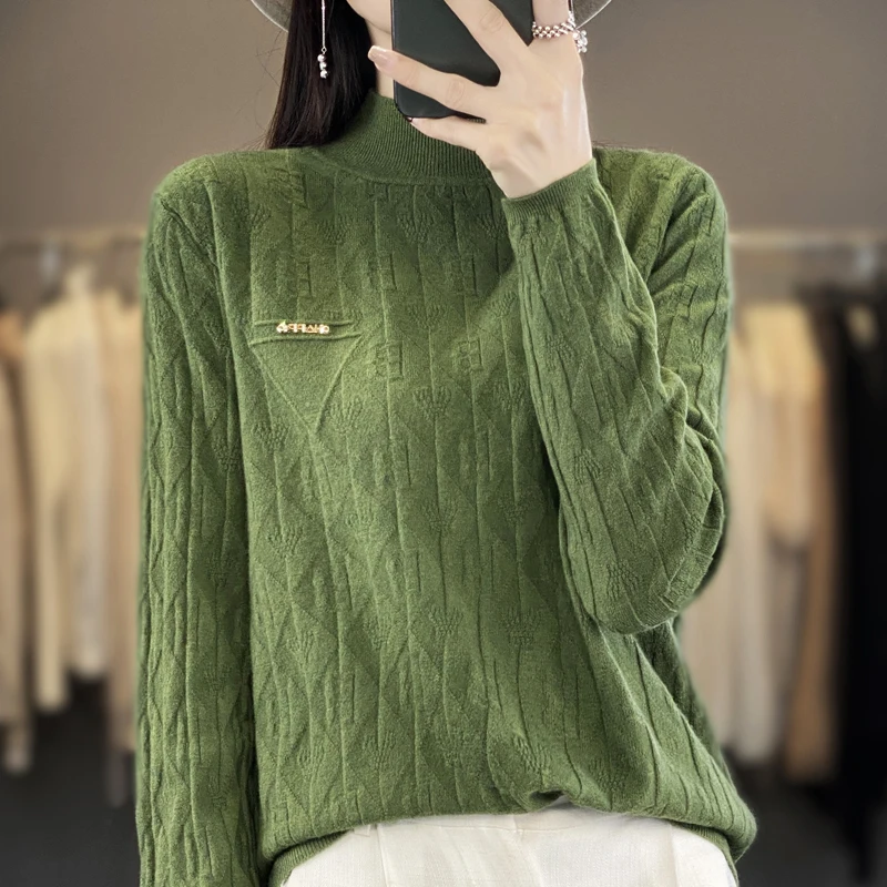 2023 Fall Winter New Sweater Women's Half High Neck Long Sleeve Pullover Solid Color Premium Hot Diamond Loose Knit Bottom Shirt