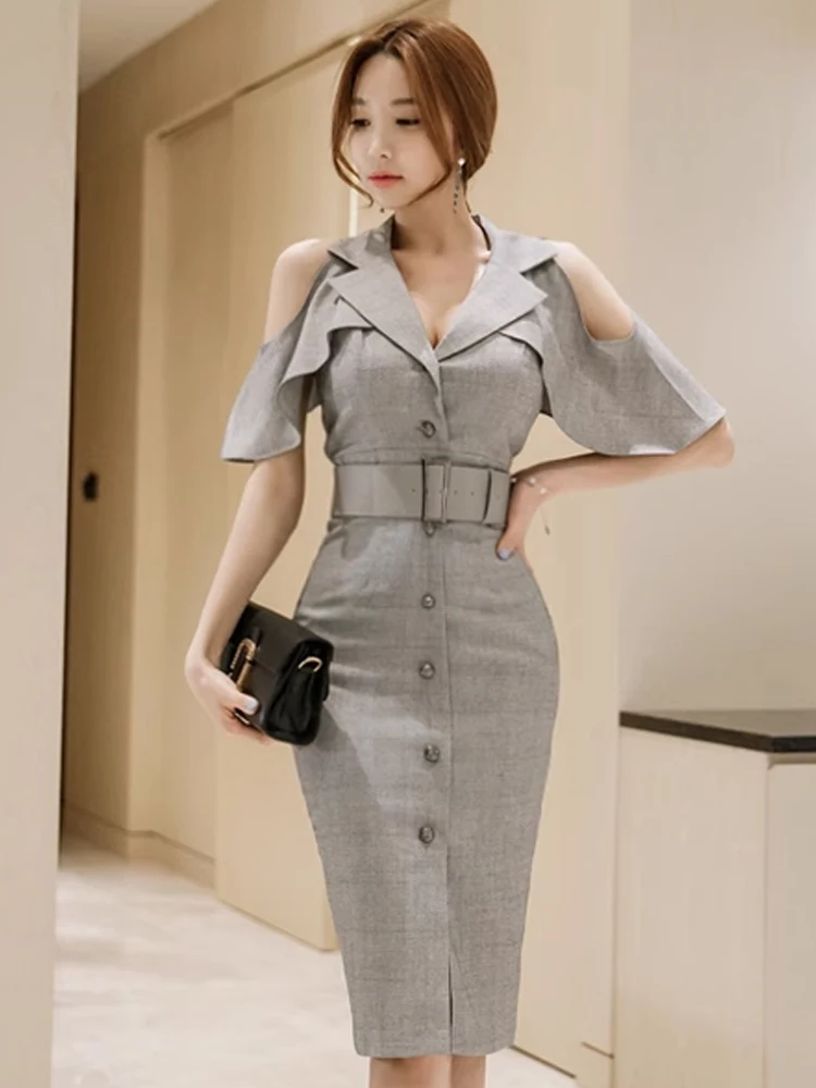 Elegant Fashion Midi Dress Women Formal Grey Ruffle Hollow Cut Out Single Breasted Belt Bodycon Robe Lady Business Vestido Mujer