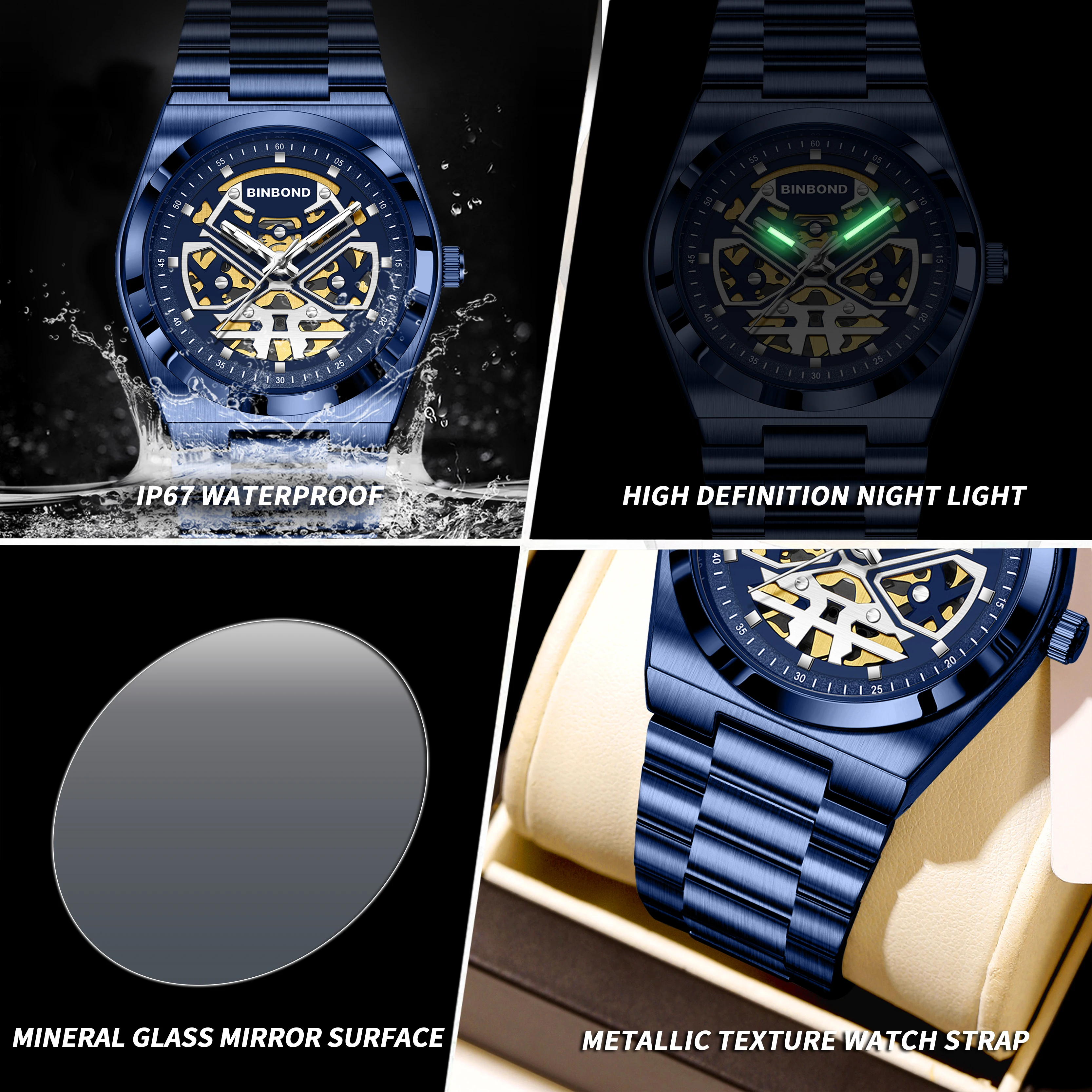 تتميز ساعة BINBOND الكوارتز الجديدة هيكلًا أسودًا أو أزرق أو أبيض وحزامًا في مخطط ألوان موحدًا. هذا التصميم الهيكلي