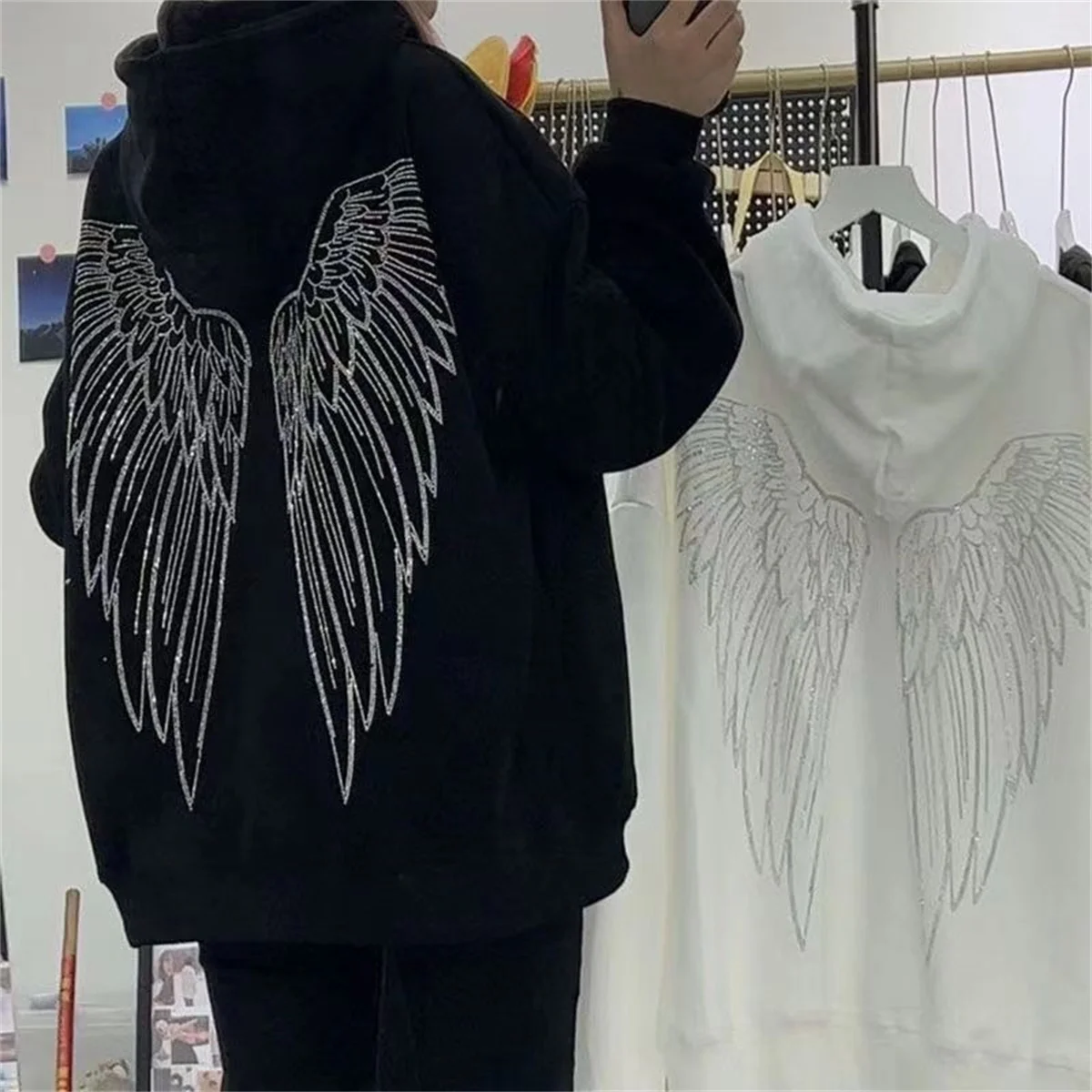 Fashion Diamonds Wings Print Hoodie Women Winter Autumn Black Tops Ulzzang Hip Hop Harajuku Pullover Hooded Hoodie Sweatshirts