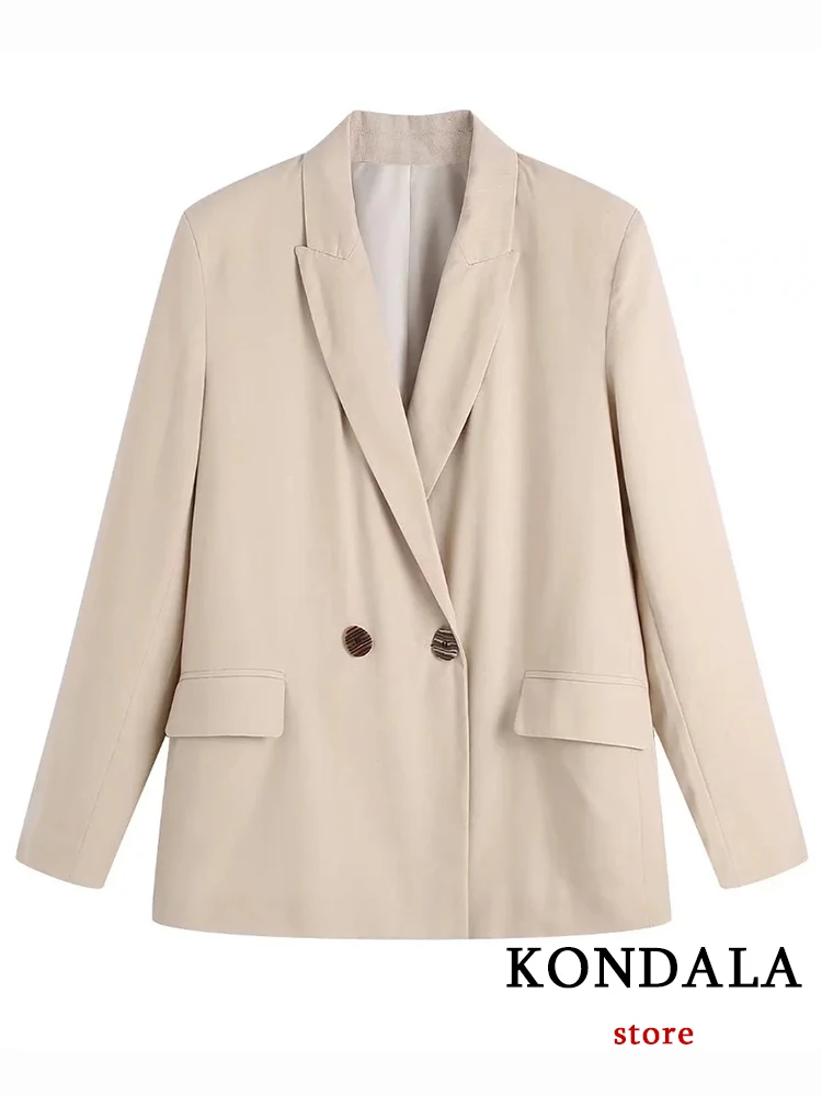 KONDALA-Blazer long à col en V pour femme avec poches, vestes élégantes pour femme, vêtements de bureau féminins, beige uni, collection 2022