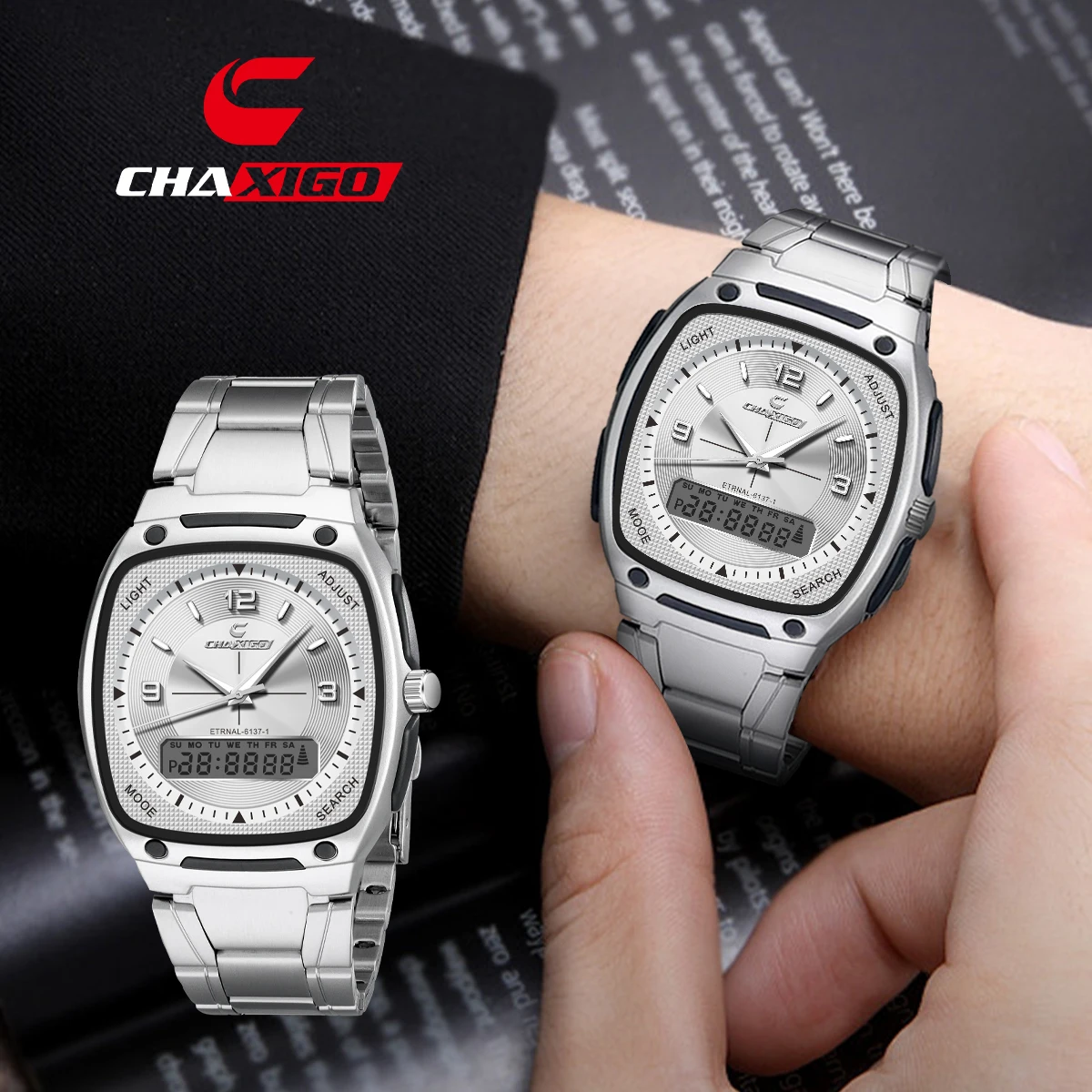 

CHAXIGO Men's Fashion Business Watch, Dual Display Analog Hands Stainless Steel Strap Luminous Hands, 3ATM Water Resistance