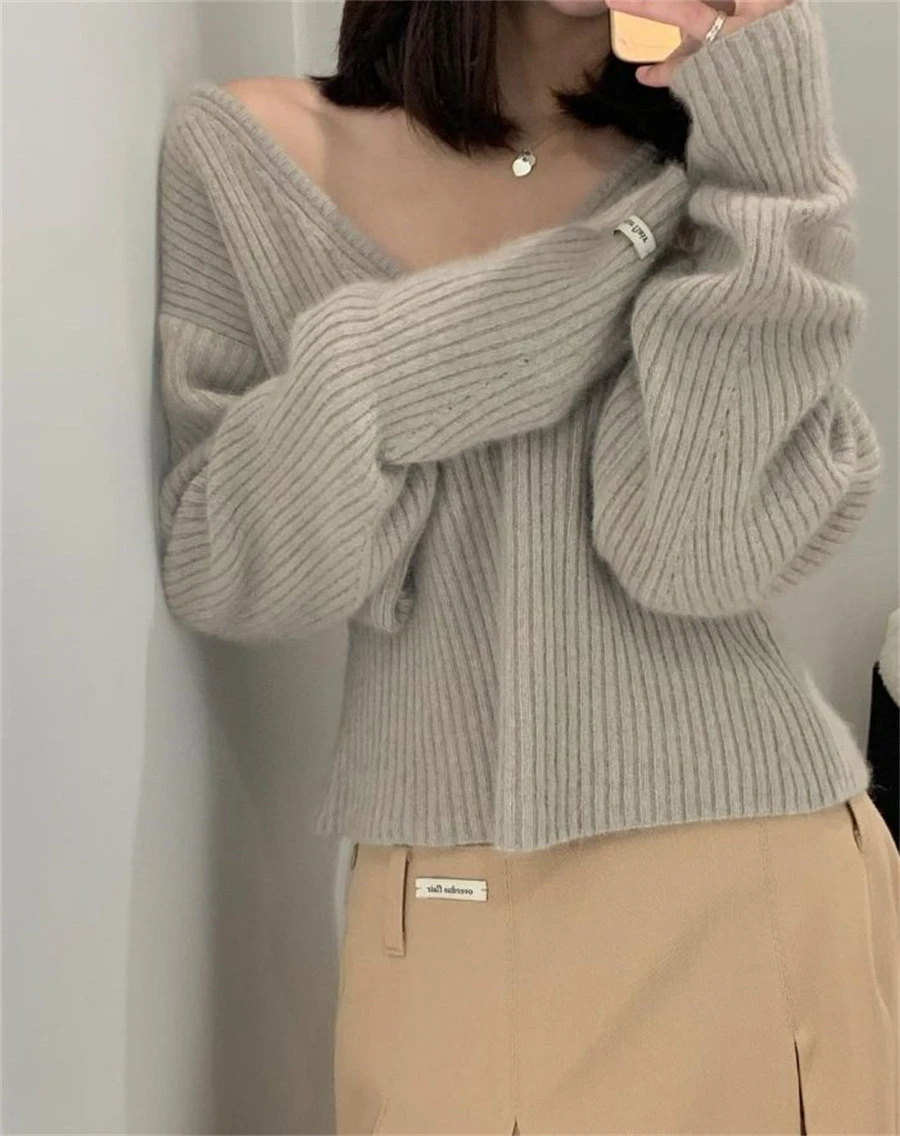 

Ele Large V-Ne Вязаный топ с мехом медведя Tead ort Sweet Sle Long Sve Overdue Faionable Повседневный женский свитер