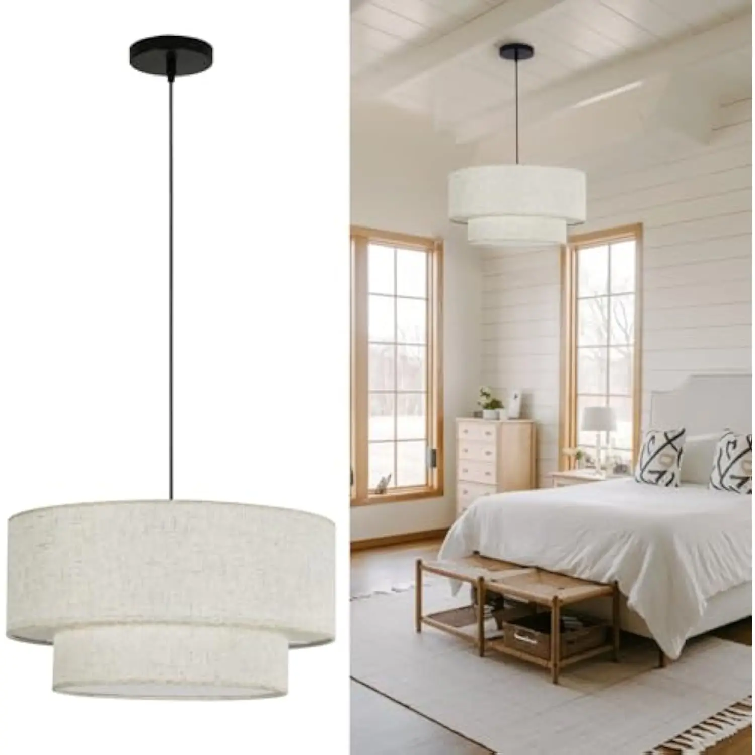 

Farmhouse Pendant Light Fixtures, 18” Double Drum Dining Room Light Fixture with Linen Lampshade, 3-Light Large Ceiling Chandel