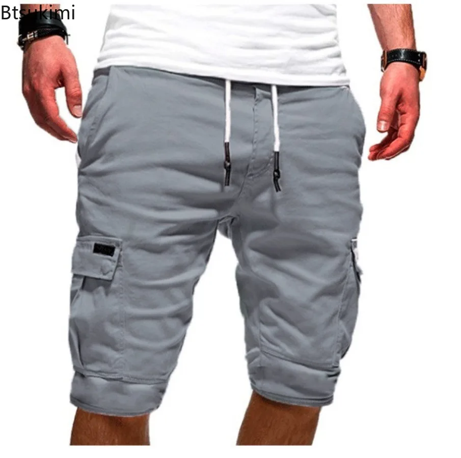 Summer Men's Cargo Shorts Solid Casual Multi Pockets Fashion Half Pants Loose Drawstring Shorts for Men Clothing Jogging Shorts