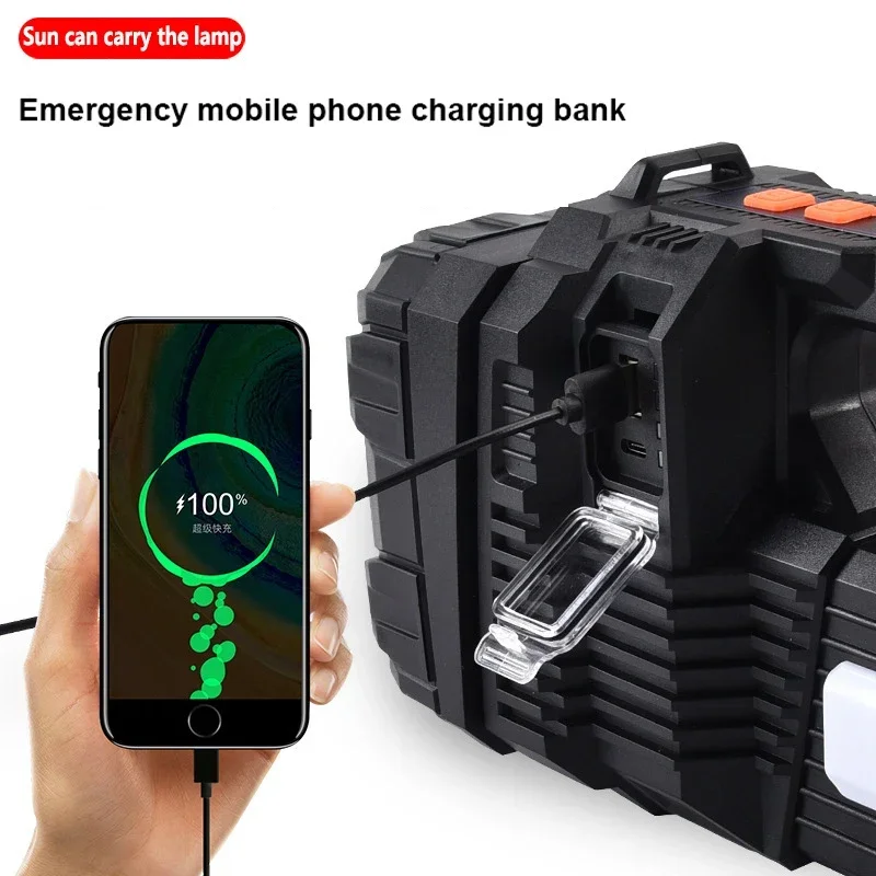 New Portable Solar Flashlight LED Work Light USB Rechargeable Searchlight with Side Light Outdoor Waterproof Power Bank Lantern