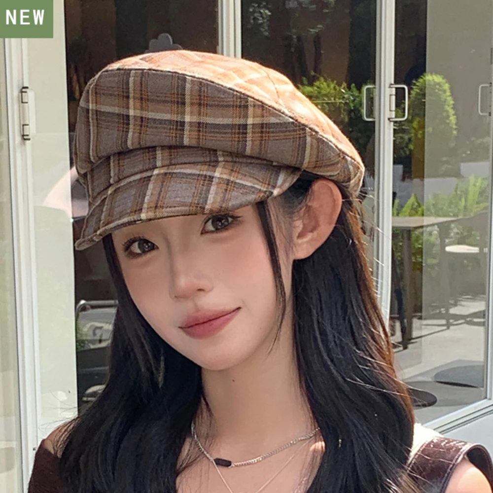HT4425 Women Berets Vintage Flat Top Army Captain Cap Retro Plaid Artist Painter Beret Hat Ladies Spring Autumn Caps for Women image 3
