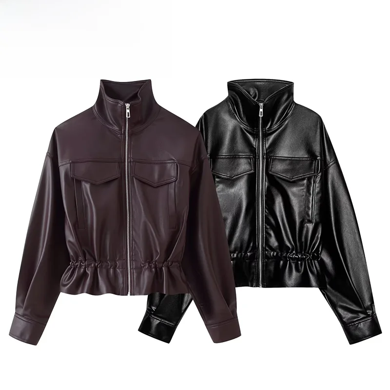 Adjustable Waist Leather Effect Jacket ZR Autumn New Arrival Women's Fashion Short Coat PU Leather Polyester Fiber Zipper Clo...