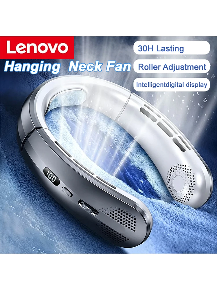 Lenovo 2026 8000mAh Luftkühler USB Nackenventilator Tragbarer Blattloser Mini Wiederaufladbarer Geräuscharmer LED Digital-Display Elektrischer Ventilator
