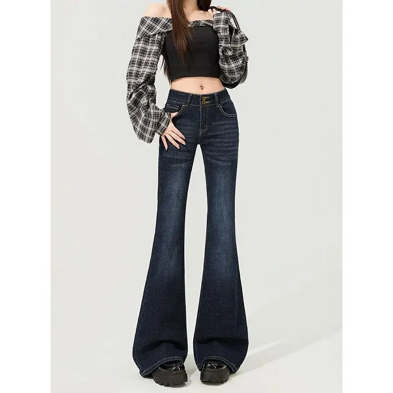 Retro American style micro flared jeans for women low waist slim fit and slimming design versatile y2k floor length flared pants