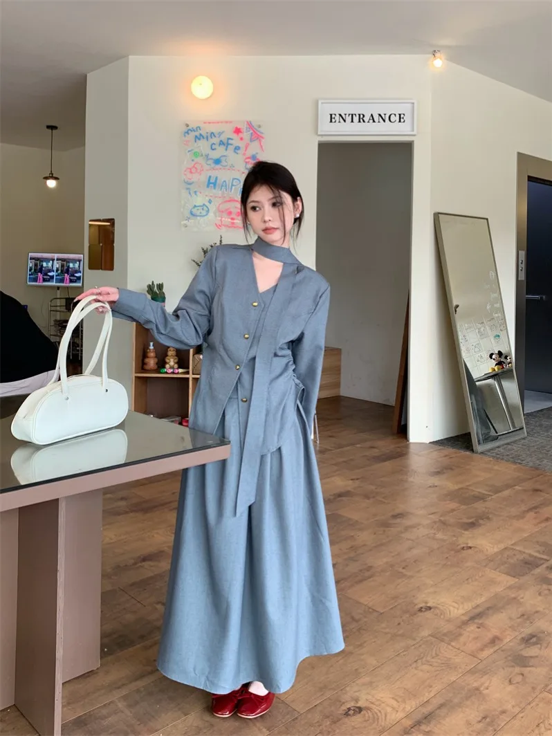 Saia de escritório feminina terno dinheiro velho y2k estética com decote em v chique assimétrico cinza camisa de manga longa cintura alta magro saia evasê