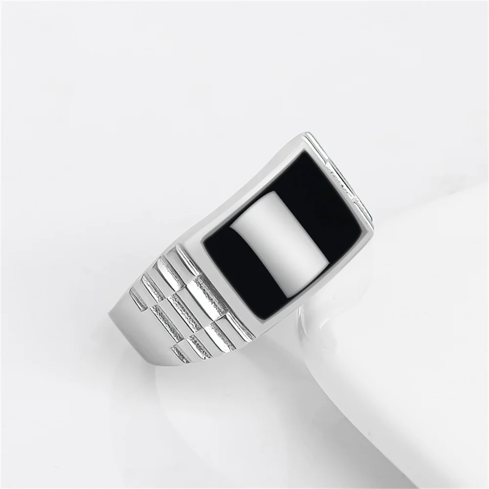 925 Silver Natural Black Jadeite Rectangle Curved Lucky Finger Ring S925 Adjustable Certificate Luxury Jade Vintage Jewelry Gift