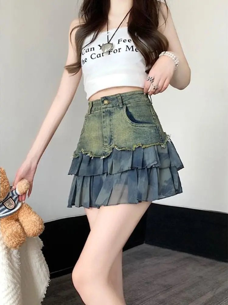 Spice Girl Style Denim Skirt Women's Summer Pure Desire Splicing Irregular Rough Edge High Waist Hip Wrap A Word Skirt