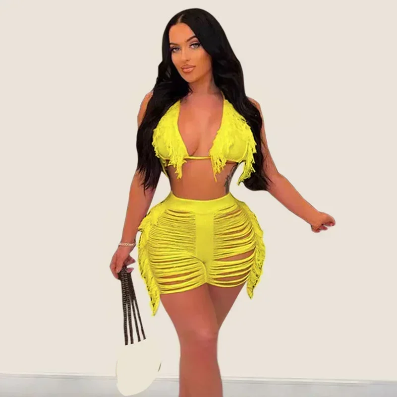 

GUWU Knit Ribbed Tassel Ripped Hole Shorts Set for Women Sexy Halter Bra Top Matching Two Piece Set Outfit Beach Cover Swimsuit