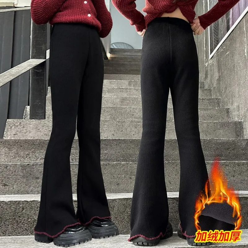 Criança inverno alargamento calças menina quente casual boot corte calças térmicas com forro de lã crianças preto grosso isolado moletom 5-14