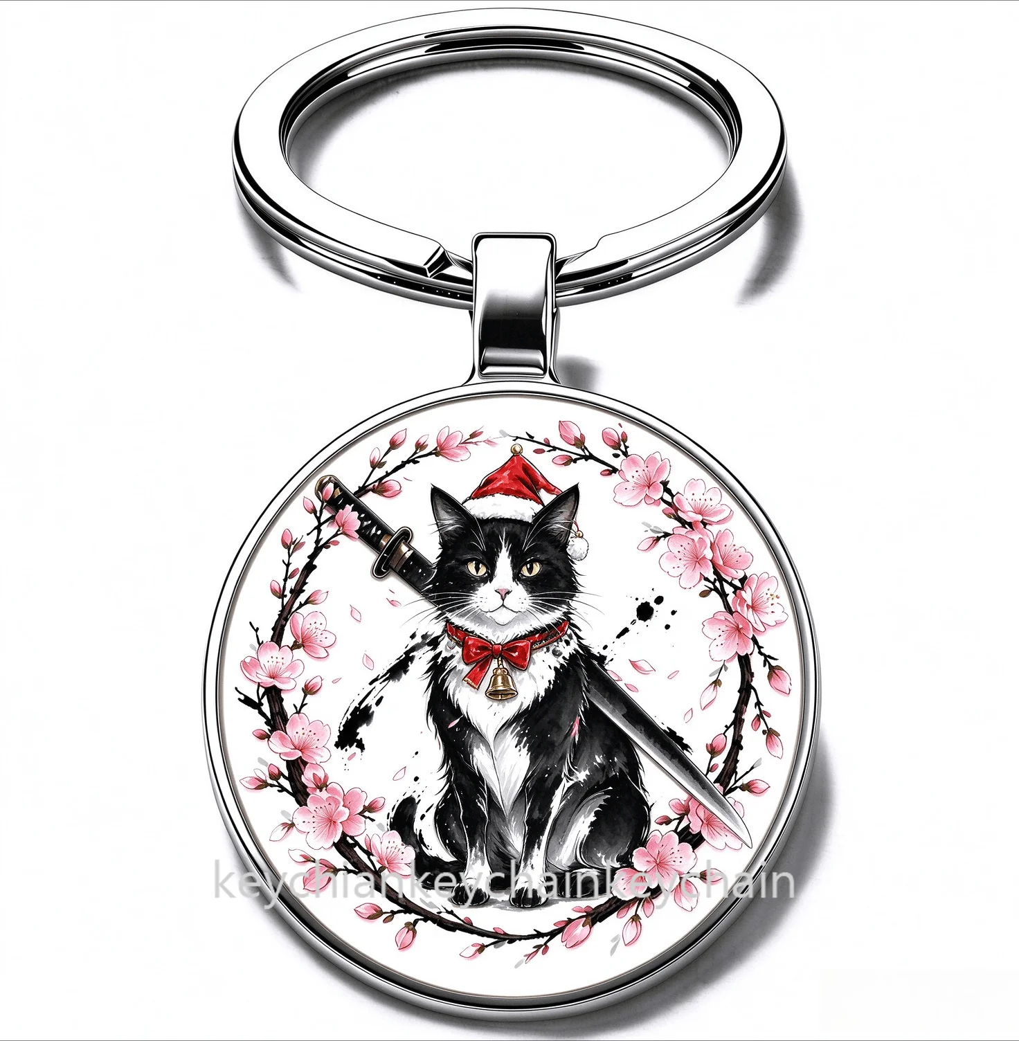Japanese Christmas hat cat Cherry Blossom Katana Keychain Samurai Sword Sakura Wreath Key Ring Car Bag Pendant Men Gift