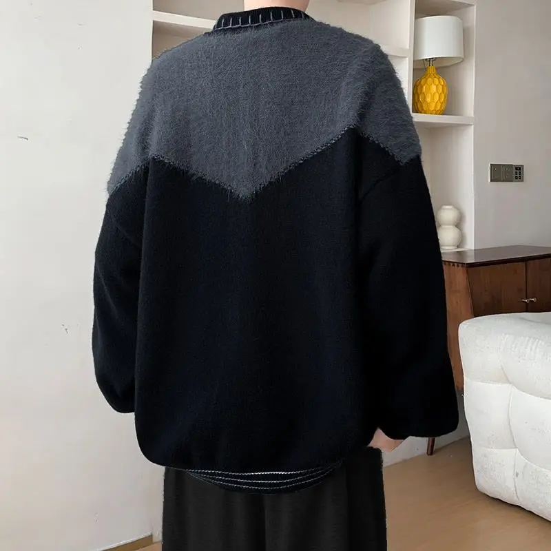 سترة محبوكة كبيرة الحجم للرجال عتيقة - سترة مرقعة بألوان متعددة، ملابس خارجية غير رسمية على الطراز الأمريكي القديم لربيع/خريف