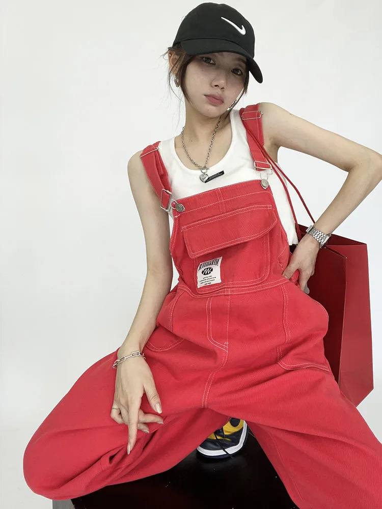 

Red Streetwear Denim Suspenders Pants Women Summer Loose Wide Leg Pants 2022 New Cool Salt Net Red Fried Street Pants