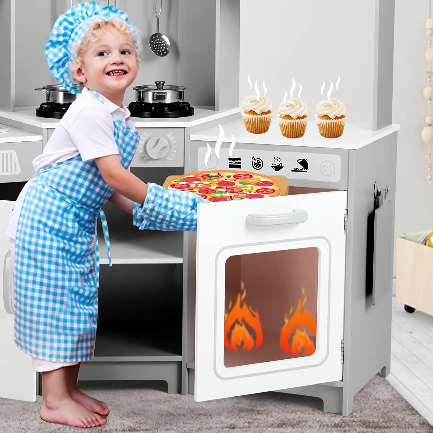 Kids Play Kitchen,Corner Wooden Pretend Toddler Kitchen Toys Playset, Realistic Lights & Sounds,Microwave Oven,Water Dispenser,