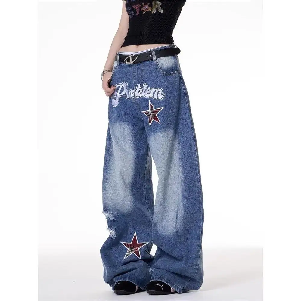 Calça Jeans Azul Rasgada com Estrelas e Apliques, Cintura Média, Perna Larga, Unissex, Verão, Estilo High Street, Lavada, Cor...